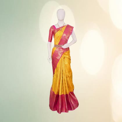 Traditional Yellow and Pink Pattu Silk Saree | Rich Zari Border | Festive & Wedding Wear