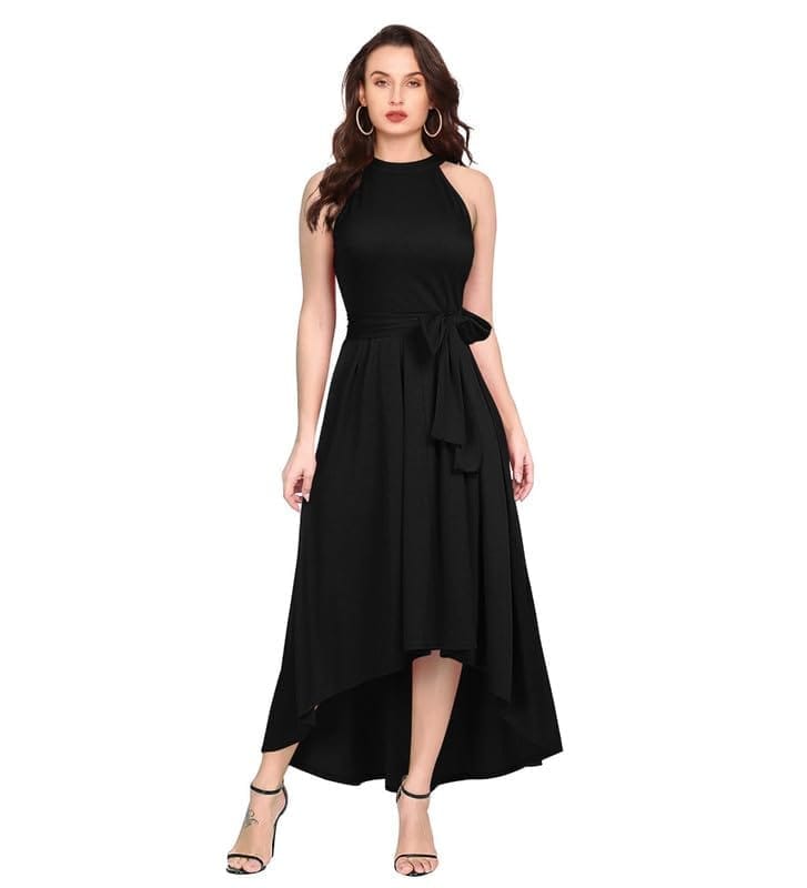Women's Polyster Solid Helter Neck Sleeveless Dresses (Black, L)-PID56766
