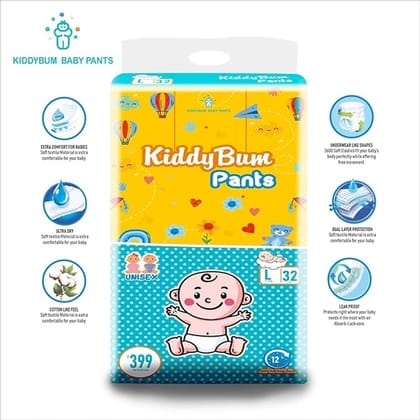Kiddy Bum Baby Diaper Pants | Super Absorbent & Soft Comfortable | Fit for Active Babies, Size L,| Pack of 32 ( M )