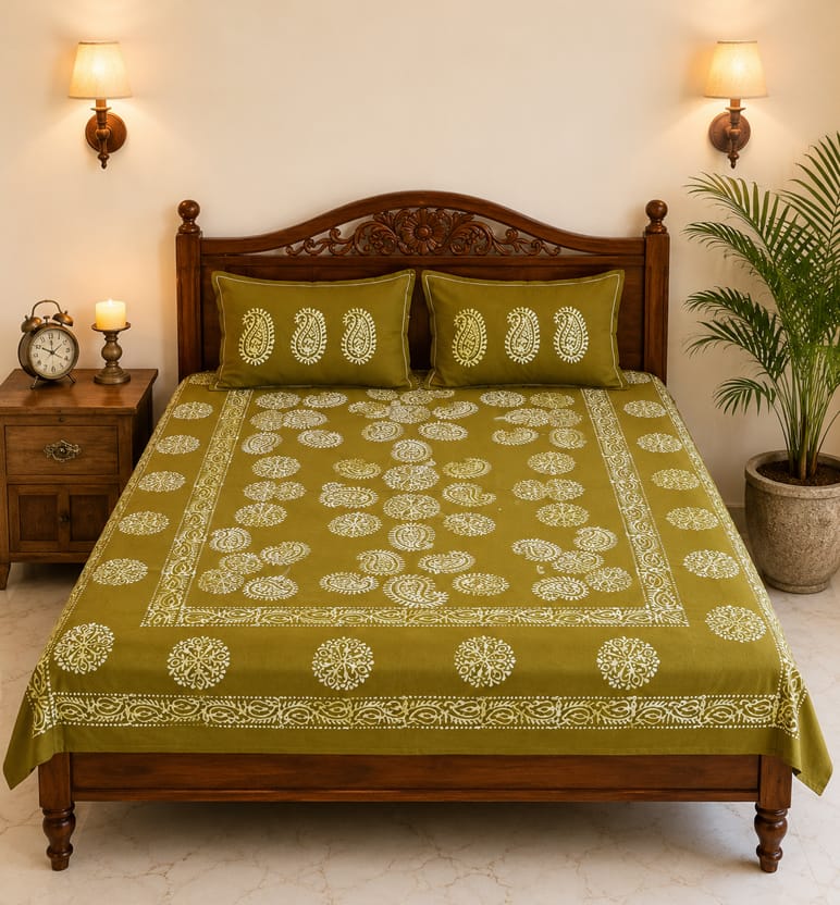 Handcrafted Batik Print Cotton Double Bedsheet With Pillow Cover