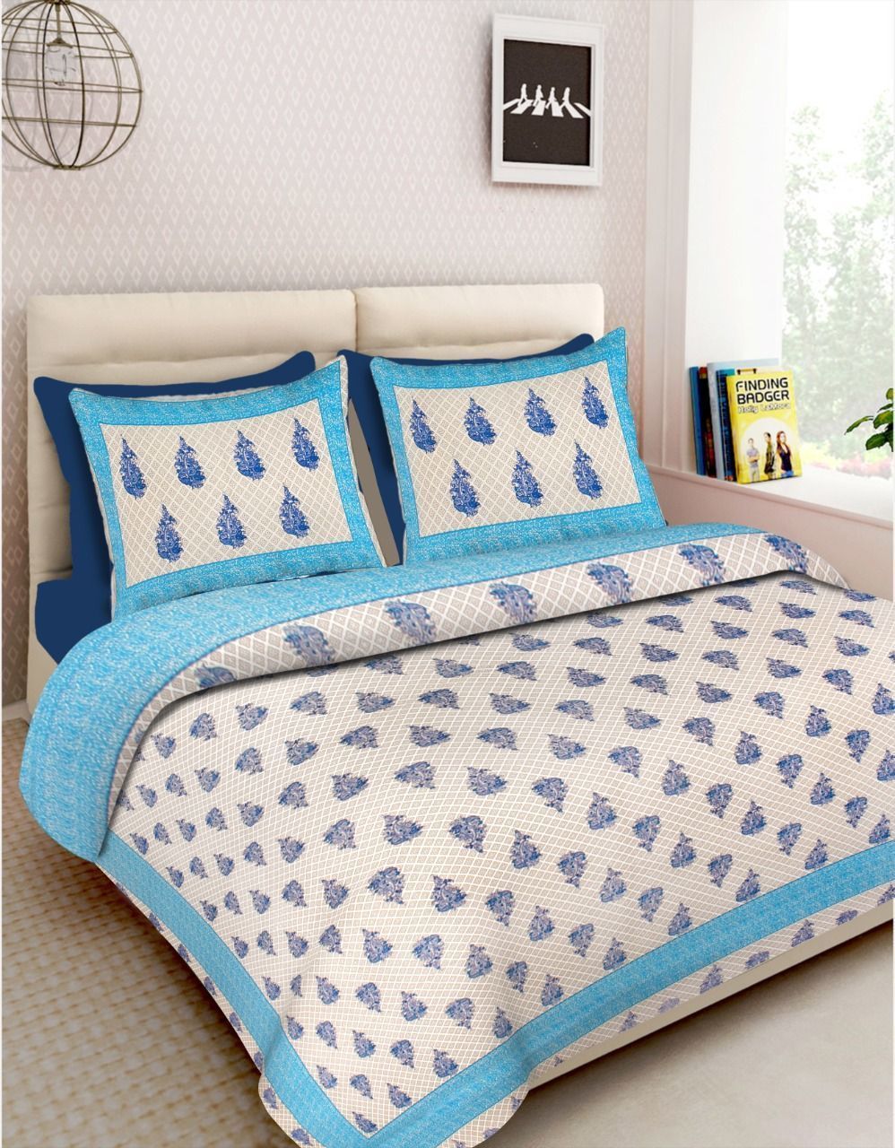 3001-Hometrade India-Standard King Size (90*108 Inches)-Pure Cotton Jaipuri Double Bedsheet With Matching Pillow Cover