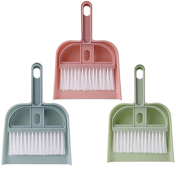 Mand 3 Set Mini Dustpan Brush Set Cleaning Brush Small Desk Broom Cleaning Tool for Computer Keyboard Desktop Car (Blue Green Pink)