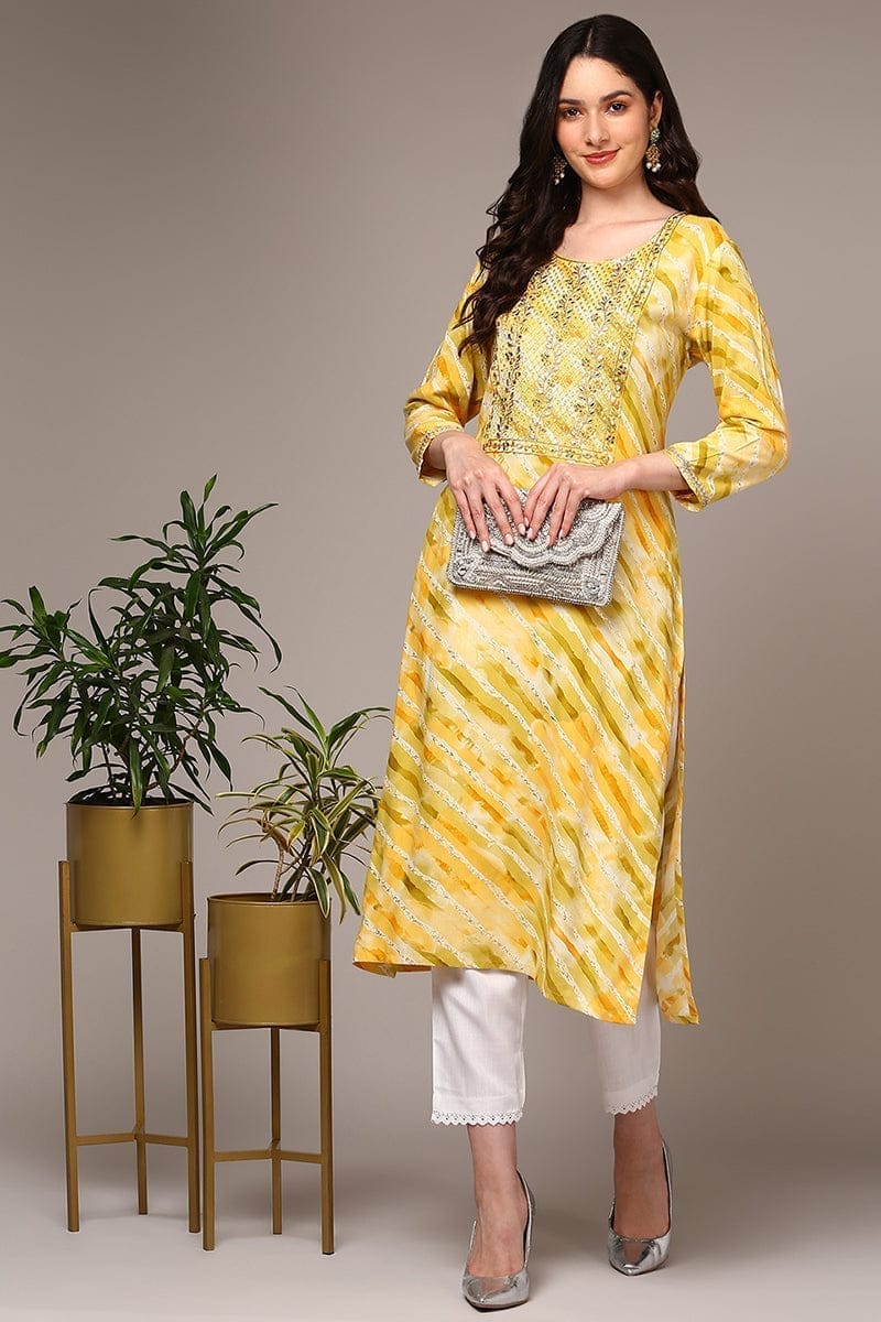 Plus Size Yellow Viscose Rayon Leheriya Printed Straight Kurta VCK9496