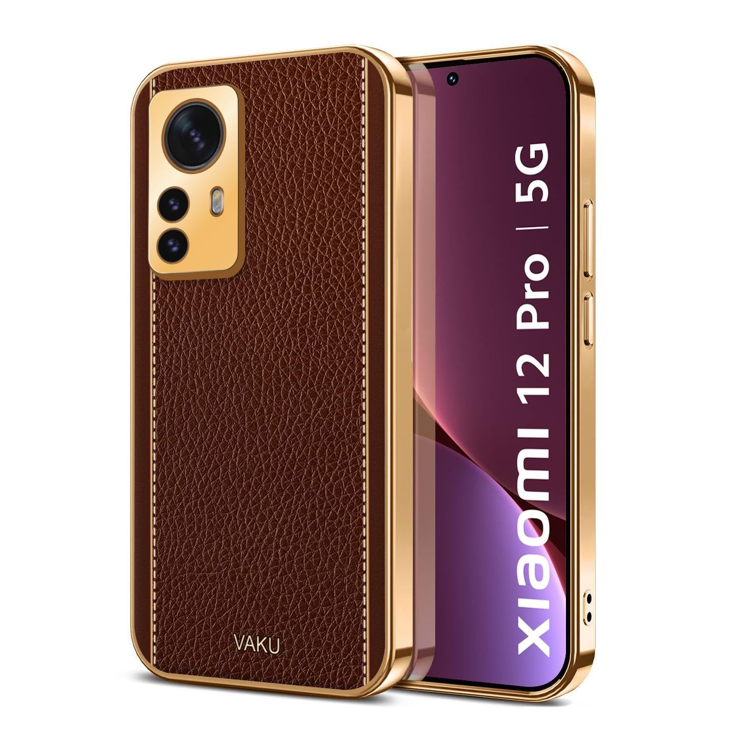 Vaku Luxos Luxemberg Back Cover for Xiaomi 12 Pro 5G with Leather Pattern Gold Electroplated Soft TPU Cover Scratch Resistant Camera Protector Shockproof Protective Case- Brown