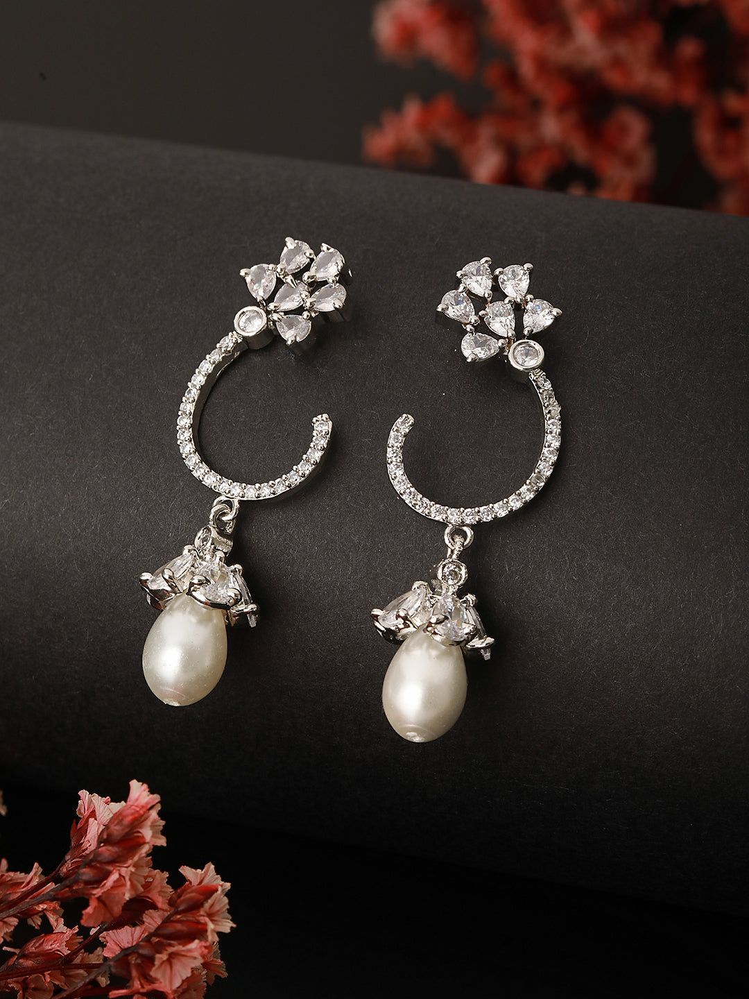 Rhodium Plated Pearl Beaded AD studed Earrings