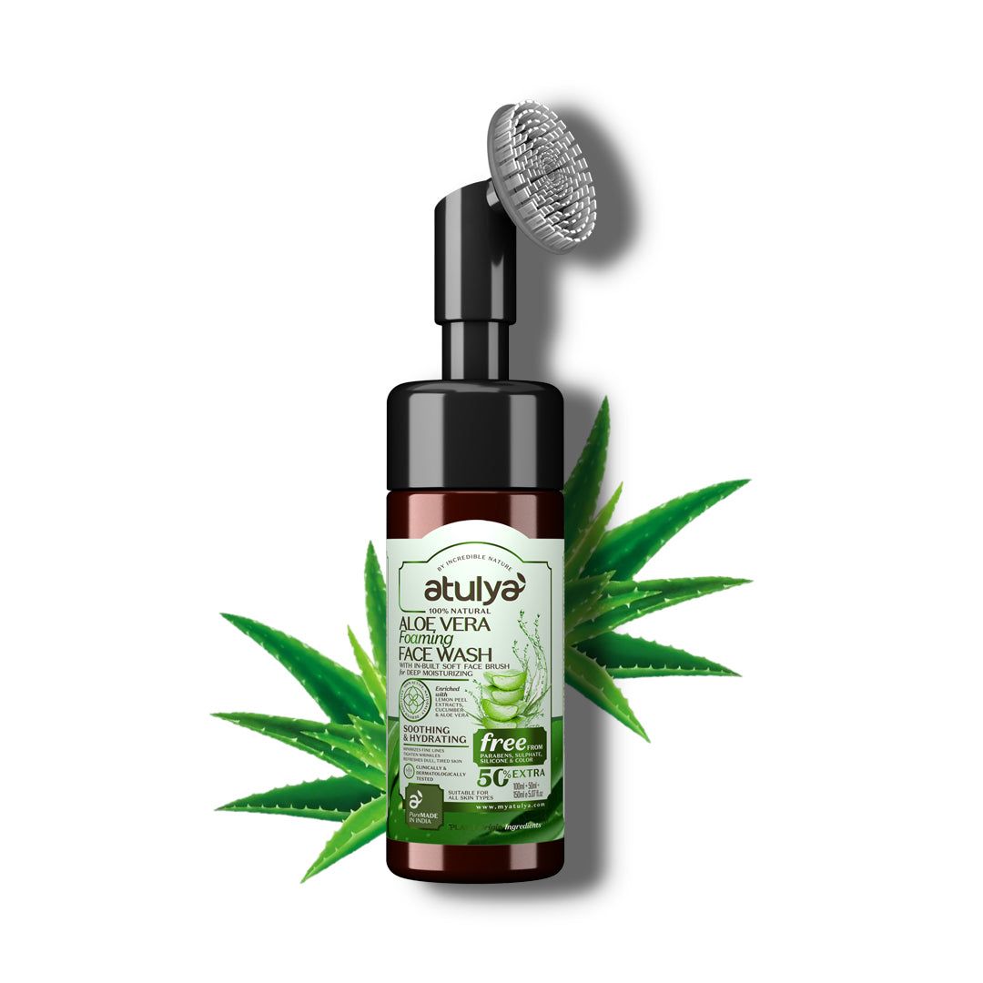 Atulya Aloe Vera Foaming Face Wash with Built-In Silicone Brush | Hydrates Skin - 150ml