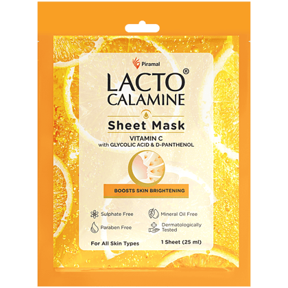 Piramal Lacto Calamine Sheet Mask Vitamin C with Glycolic Acid & D-Panthenol Boosts Skin Brightening, 1 Sheet (25 ml)