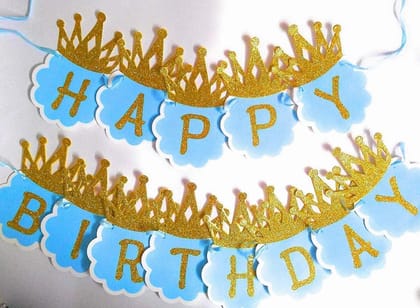 Balloonistics Glitter Crown Happy Birthday Card Board Banner for Boys Birthday/Birthday Decoration Items (Blue)