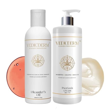 VEDICDERM Cream & Oleander Skin Care Oil Combo for Dry, Itchy Skin | Natural Steroid-Free Formula | Helps Soothe Irritation & Retain Moisture | 200ml Cream + 200ml Oil