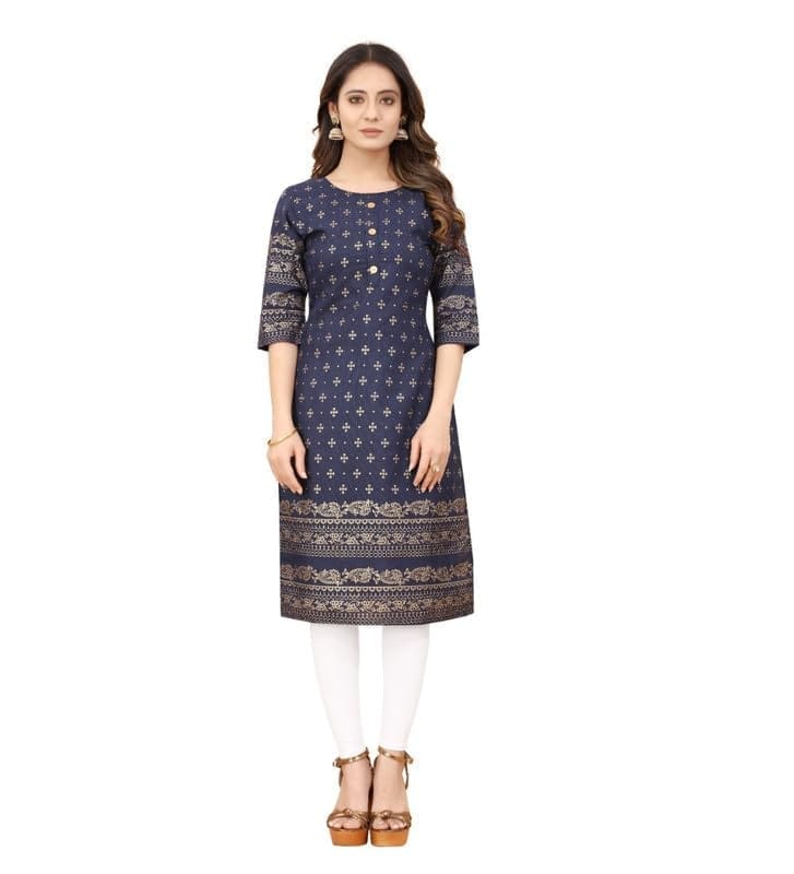 Women's Casual 3/4th Sleeve Foil Gold Printed Cotton Kurti (Blue, XL)-PID46157