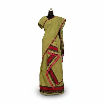 Olive Green Cotton Saree with Red Border and Tassels