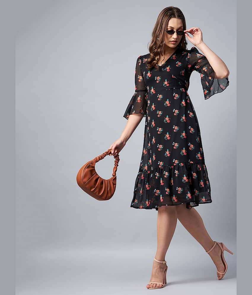 StyleStone Women Chiffon Printed Fit & Flare Dress ( Black )