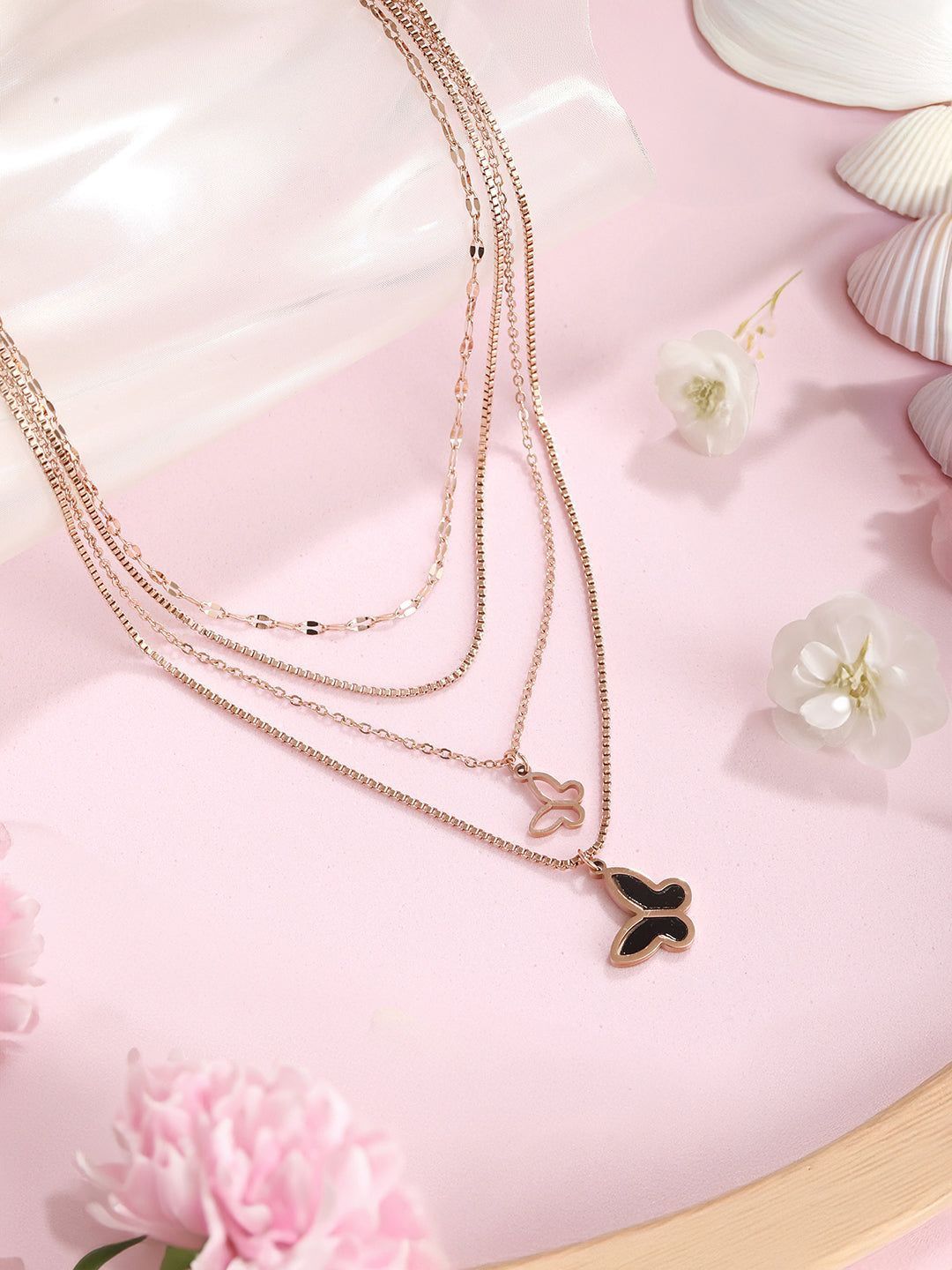 Anti-Tarnish Rose Gold  4 layered Chunky Shadow  Butterfly Pendant Necklace & Chain
