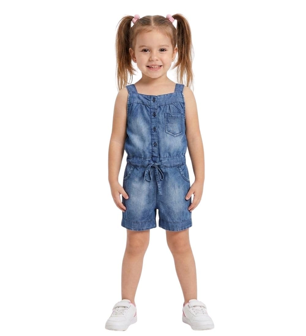 Girl's Denim Embroidered Sleeveless Jumpsuit (Blue, 7-8-Yrs)-PID66082