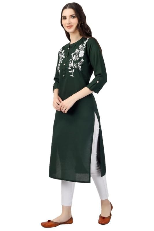 Women's Embroidered Calf Length Rayon Kurti (Green, 2XL)-PID46334