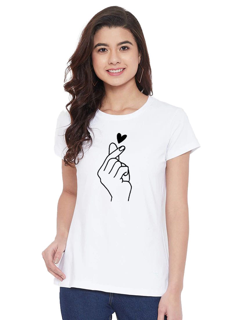 Women's Cotton Blend Hand Heart Line Art Printed T-Shirt S (White)