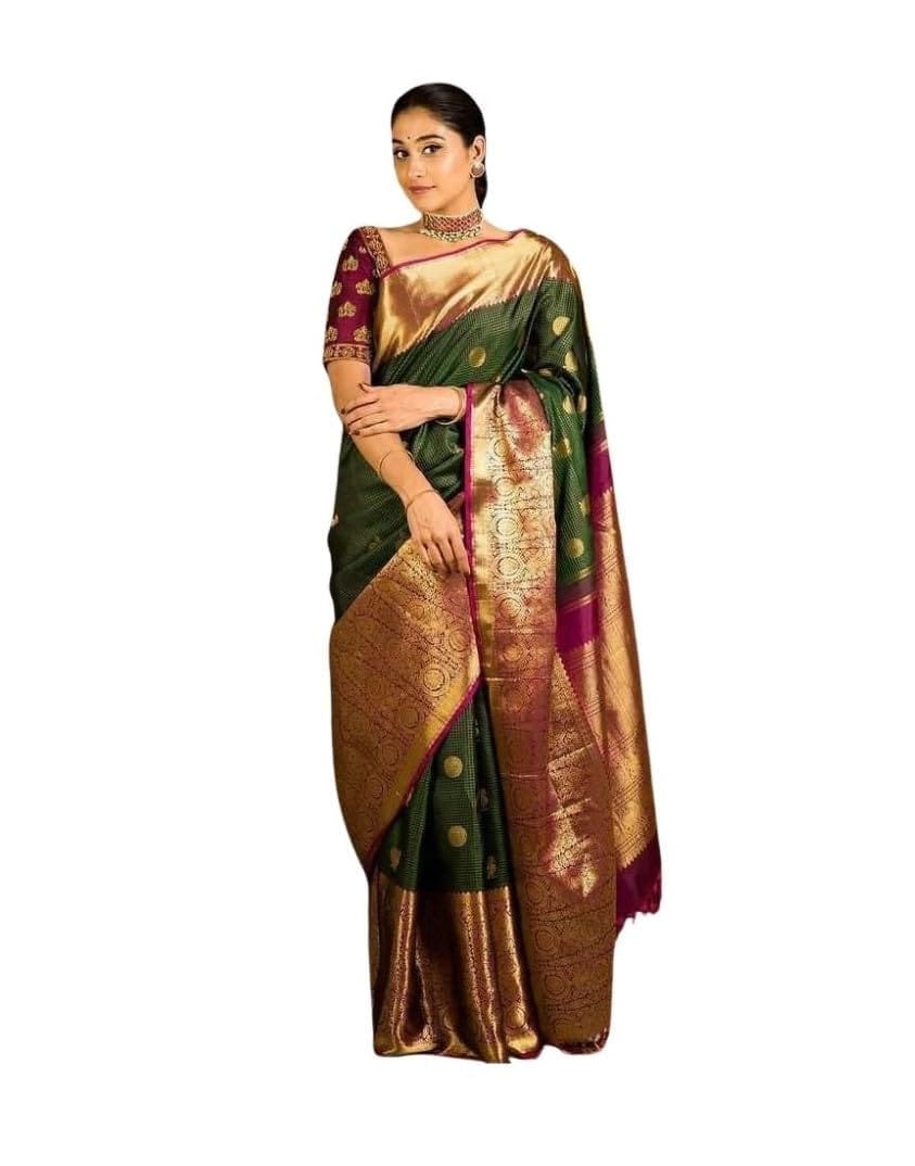 Women's Soft Lichi Silk Printed Saree With Unstitched Blouse 5.5Mtr (Green)-PID63553