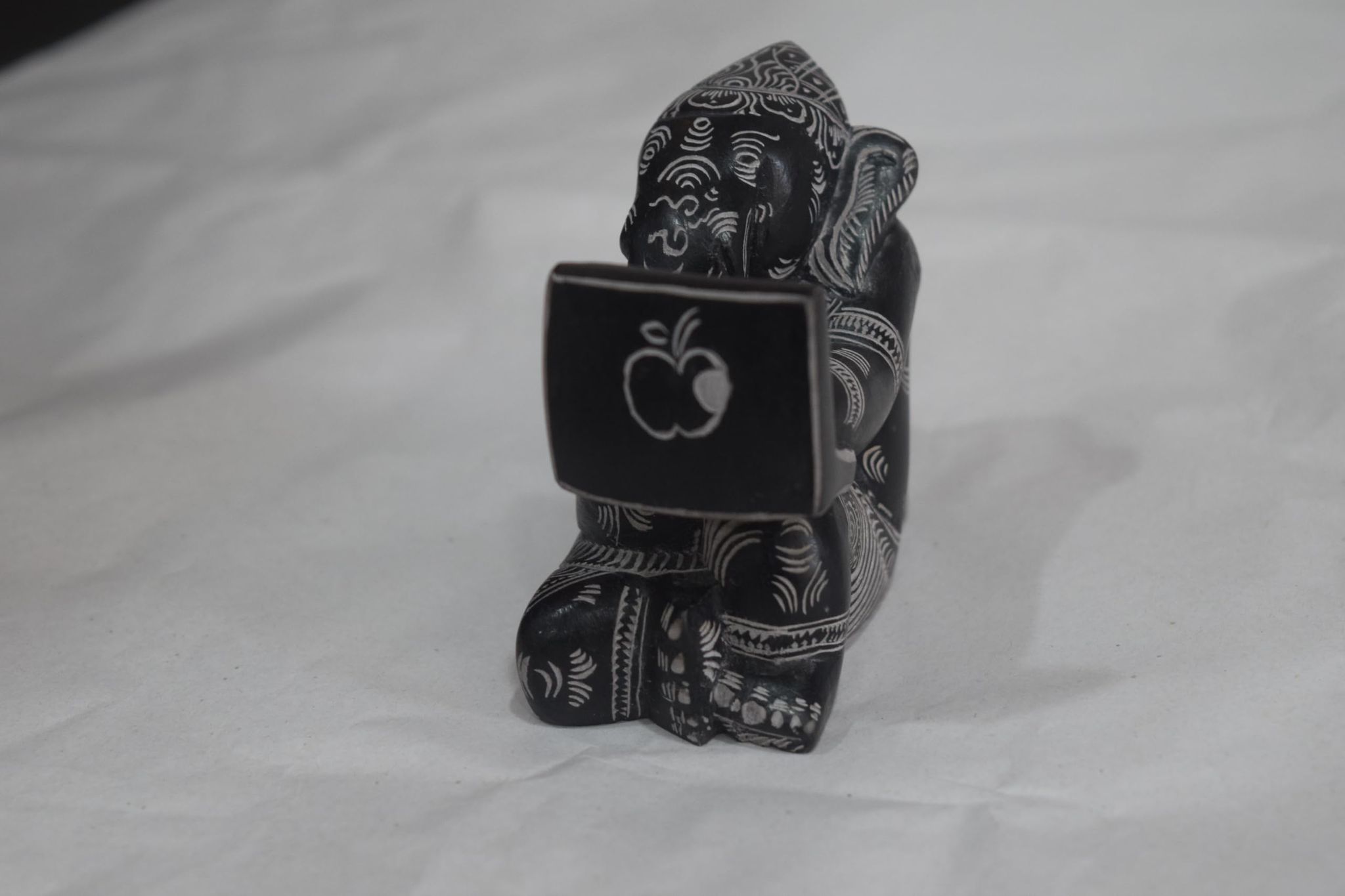Decorative Black Stone Computer Ganesha Small Statue with White Tribal Pattern Design, Handcrafted Display Holder