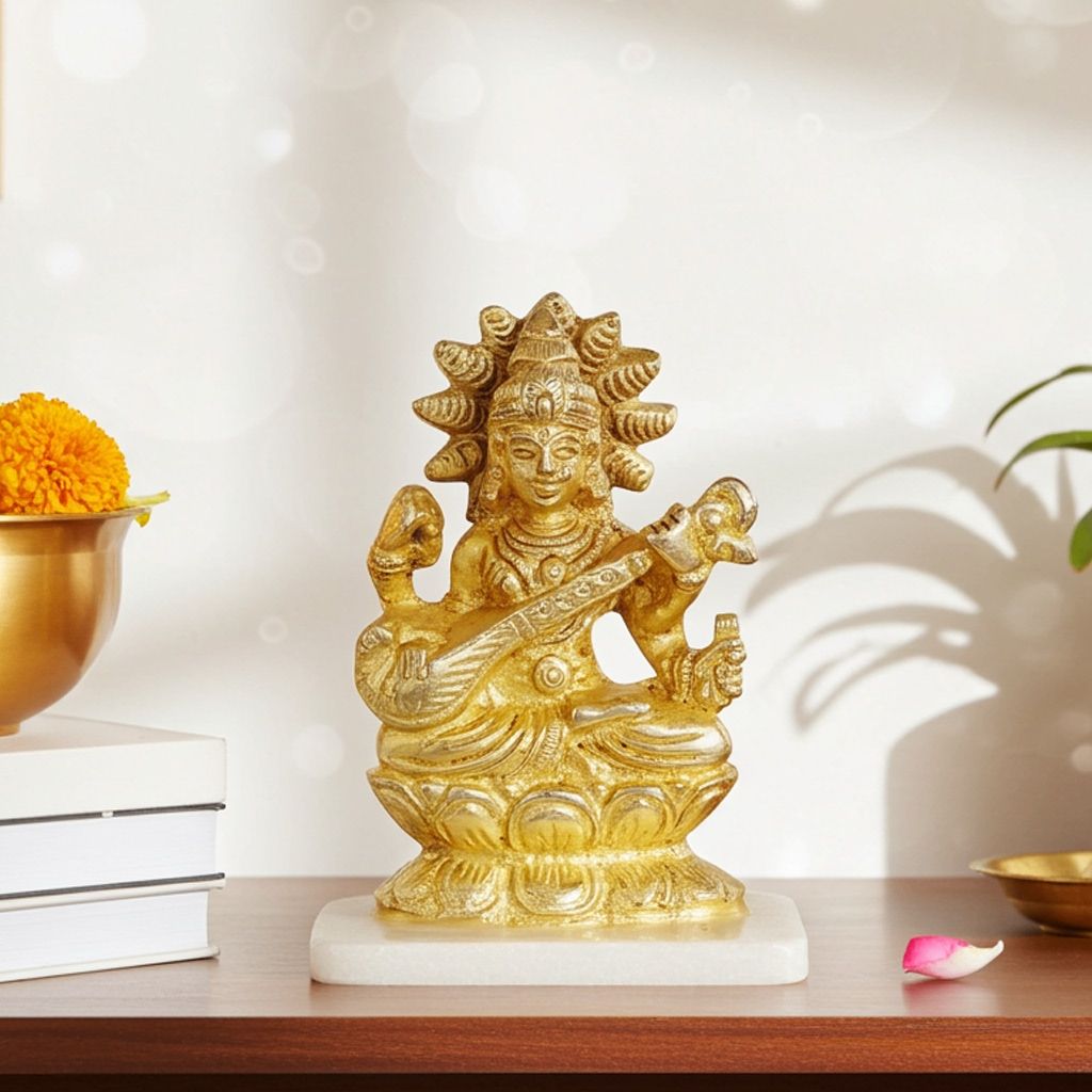 Brass Saraswati Mata Idol - Premium Puja Room Statue, Height : 3 Inch (BSMAS1053 C)