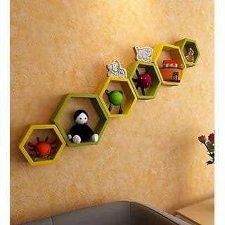 Onlinecraft Wooden Book Rack Shelf Wooden Wall Shelf (Number Of Shelves - 6, Green, Yellow, Multicolor)