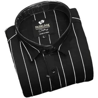 Fashlook Striped Curved Collar Regular Fit Cotton Blend Casual Black Shirt for Men Fashlook Striped Curved Collar Regular Fit Cotton Blend Casual Black Shirt for Men