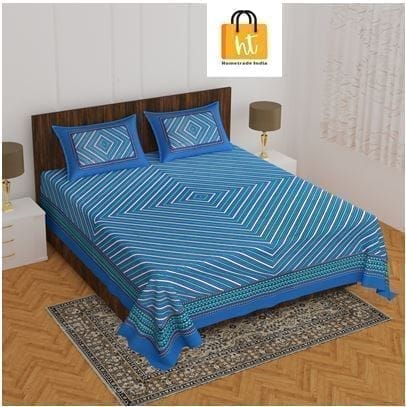 3001-Hometrade India-Standard King Size (90*108 Inches)-Pure Cotton Jaipuri Double Bedsheet With Matching Pillow Cover