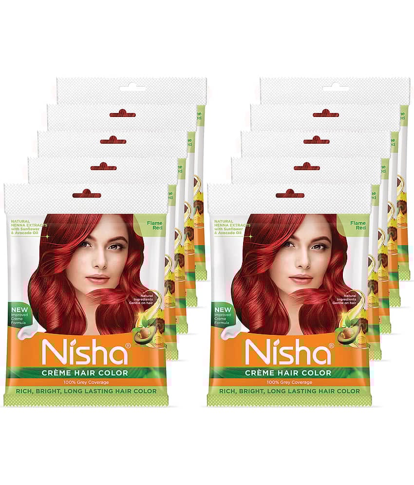 Nisha Creme Hair Color Flame Red 50g Pack of 10, Permanent Hair Colour for Women & Men, Long Lasting Hair Color