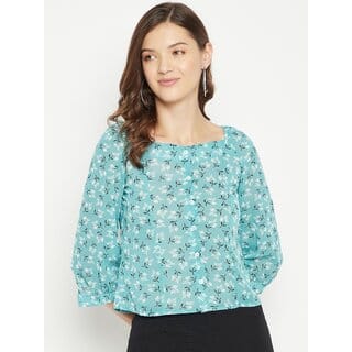 PURYS Women Blue Printed Basic Top