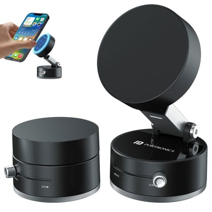 Portronics Hold X Magnetic Vacuum Suction Mobile Holder, Multiple Angle Adjustment, Retractable, Strong Magnetic Attachment, Compatible with iPhone & Android Phone for Car, Desk, Mirror, Glass
