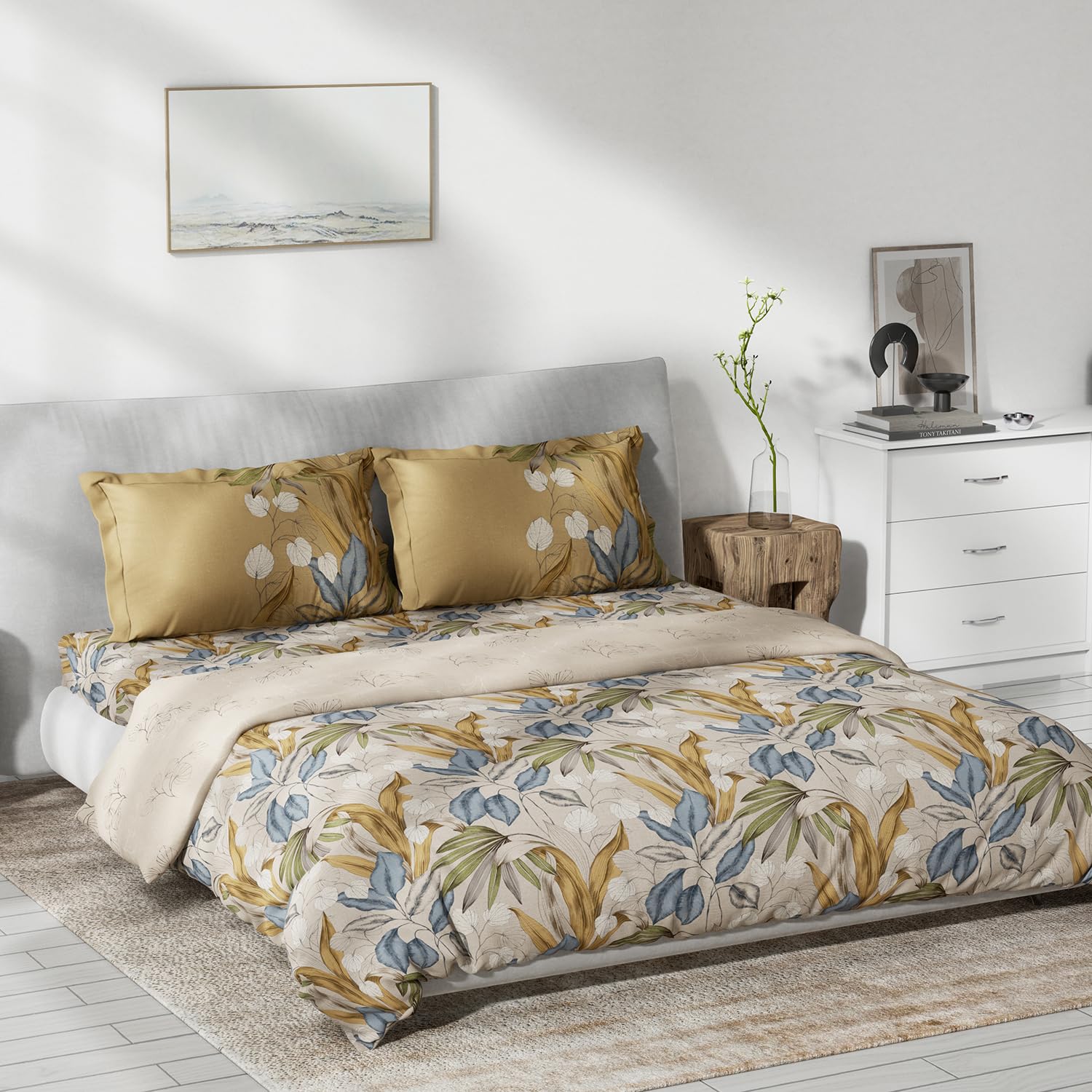 DDECOR - Primary Collection 100% Cotton Leaves Pattern 145TC King Bedsheet |254 CM X 274 CM|, Quilt and with 2 Pillow Covers - Beige