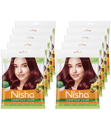 Nisha Creme Hair Color Burgundy 40g Pack of 10, Permanent Hair Color for Women Men, No Ammonia, 100% Grey Coverage