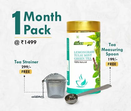 Freshville Lemongrass Tulsi Mint Green Tea | Pure & Natural | Immunity Booster | Control Cholesterol | Heart Health | Lemongrass, Tulsi leaves, Mint, Green tea Tin (100g).1 Month Pack Freshville Lemongrass Tulsi Mint Green Tea | Pure & Natural | Immunity Booster | Control Cholesterol | Heart Health | Lemongrass, Tulsi leaves, Mint, Green tea Tin (100g).1 Month Pack