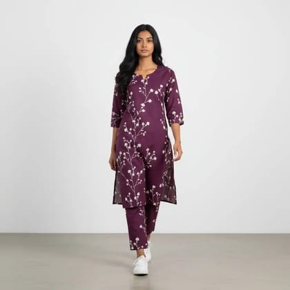 Mangalagiri Cotton Kurti and Pant Set in Mauve Purple, Screen Print Mangalagiri Cotton Kurti and Pant Set in Mauve Purple, Screen Print