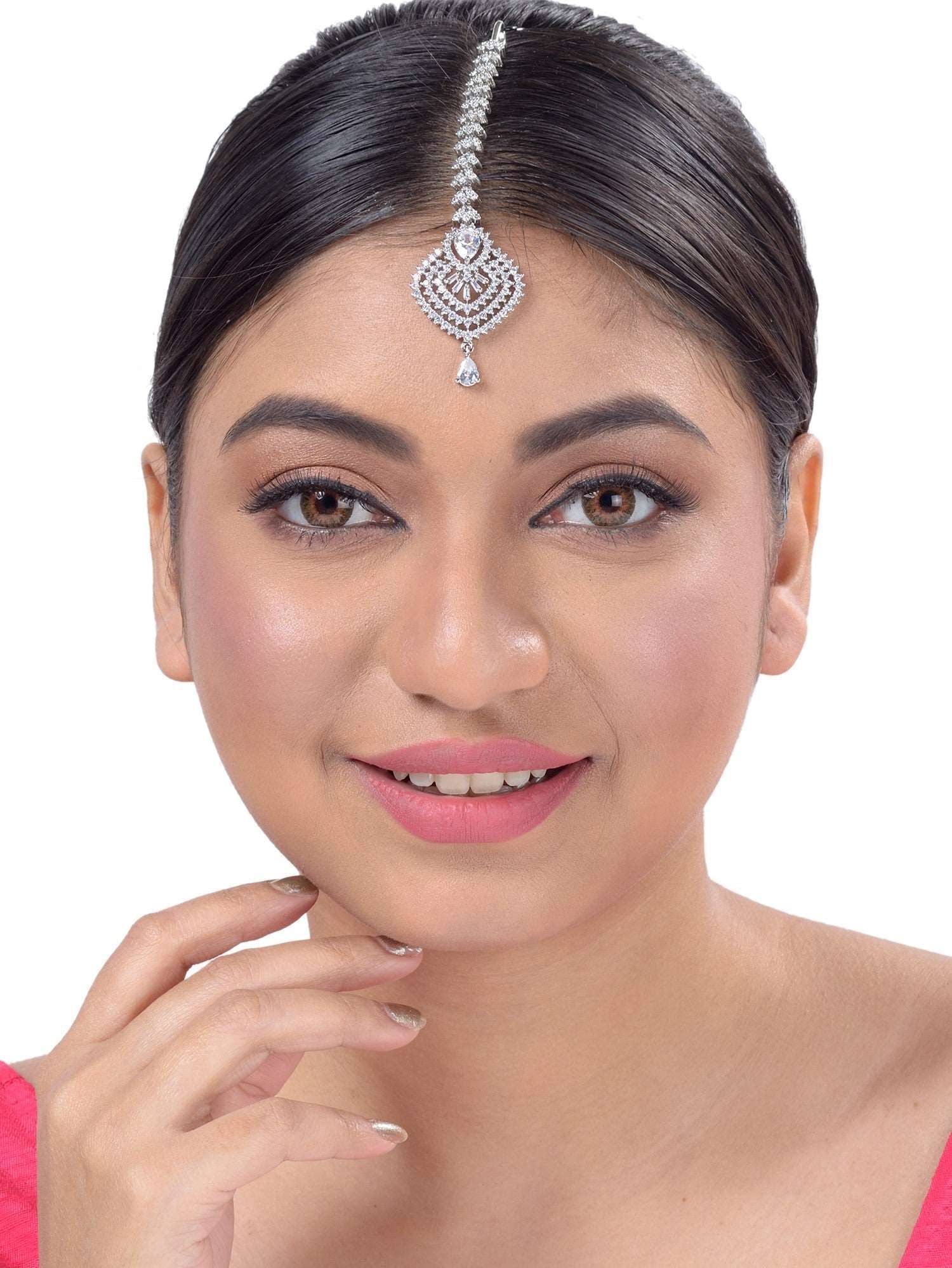 Beautiful Diamond shaped Maang Tikka AD studded Silver plated for Women & Girls