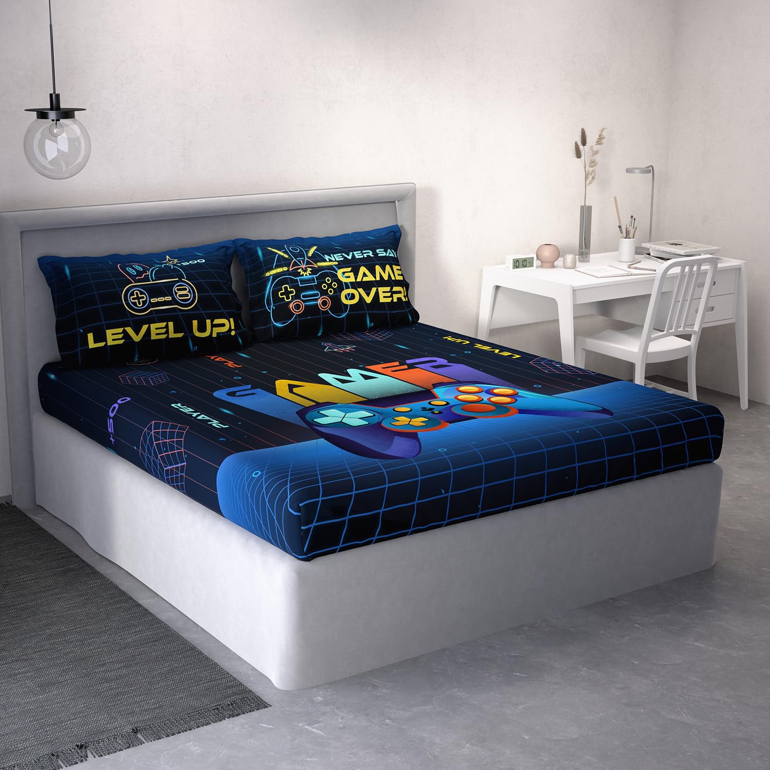 DDECOR - Little Brats Collection 100% Cotton Conversational Pattern 145TC King Bedsheet |254 CM X 274 CM| Blue