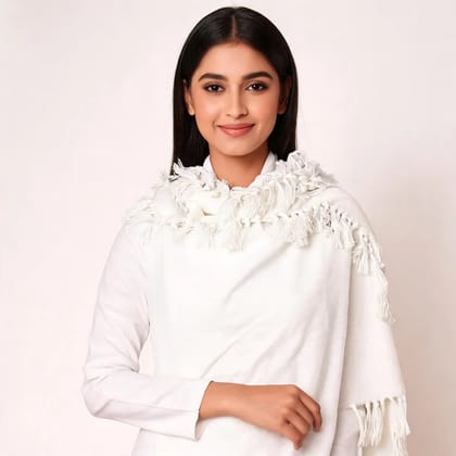 White Cotton Plain Fringed Shawl For Women