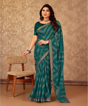 Women's Zomto Zig Zag Saree with Unstitched Blouse (Teal Blue, 5-6 Mtrs)