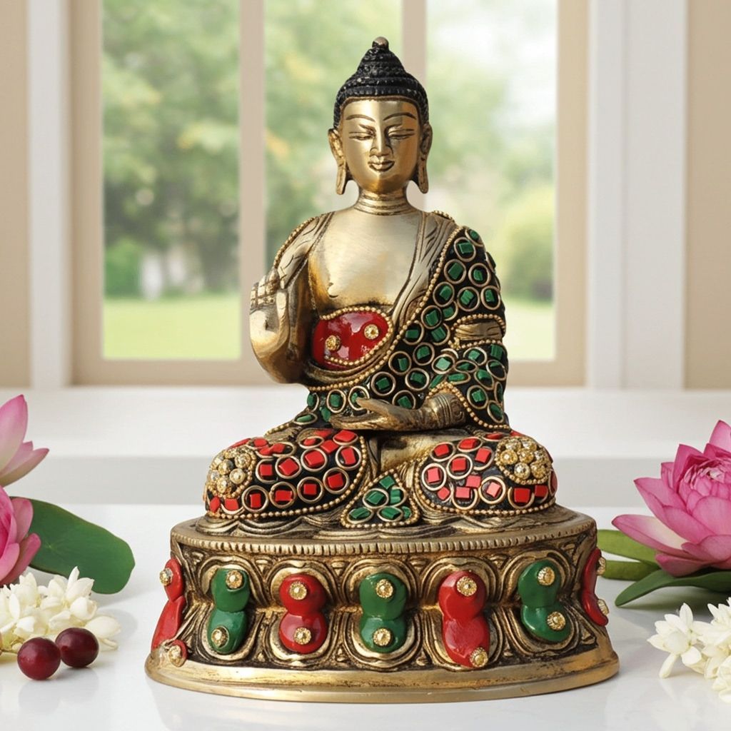 Brass Buddha Ji Statue - Divine Home Decor Idol, Height : 7.5 Inch (BSMAS1547 C)