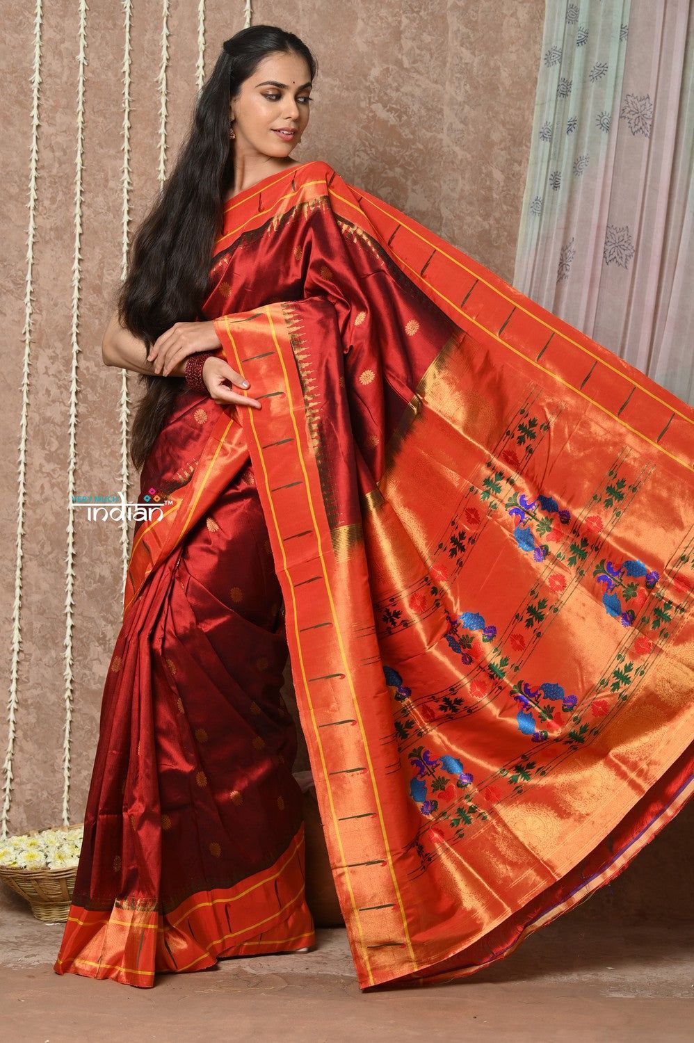 Tyohaar ~ Handloom Pure Silk Muniya Border Paithani Saree with Traditional Peacock Pallu ~ Traditional Maroon Brown