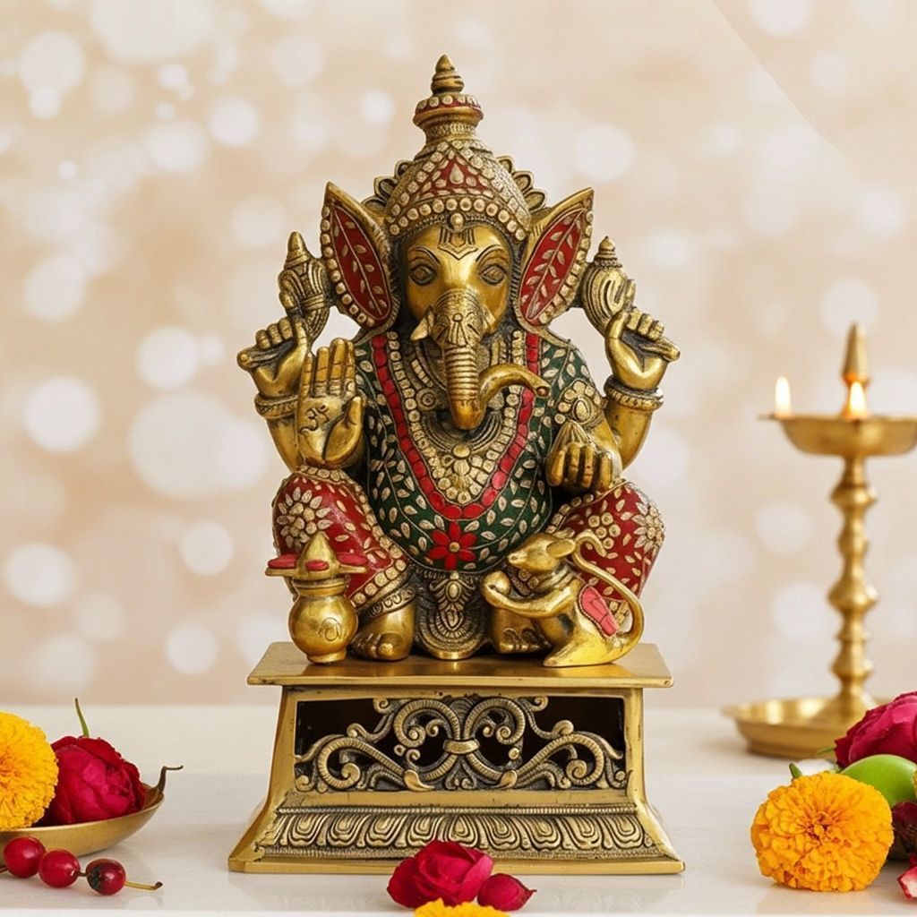 Aluminium Ganesh Idol with Chowki � Premium Home Decor, Height : Height : 18 Inch (ASMAS491 G)