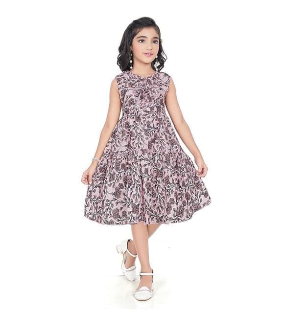 Girl's Digital Slub Printed Sleeve Less Round Neck Dress (Brown, 9-10_Yrs)-PID63828