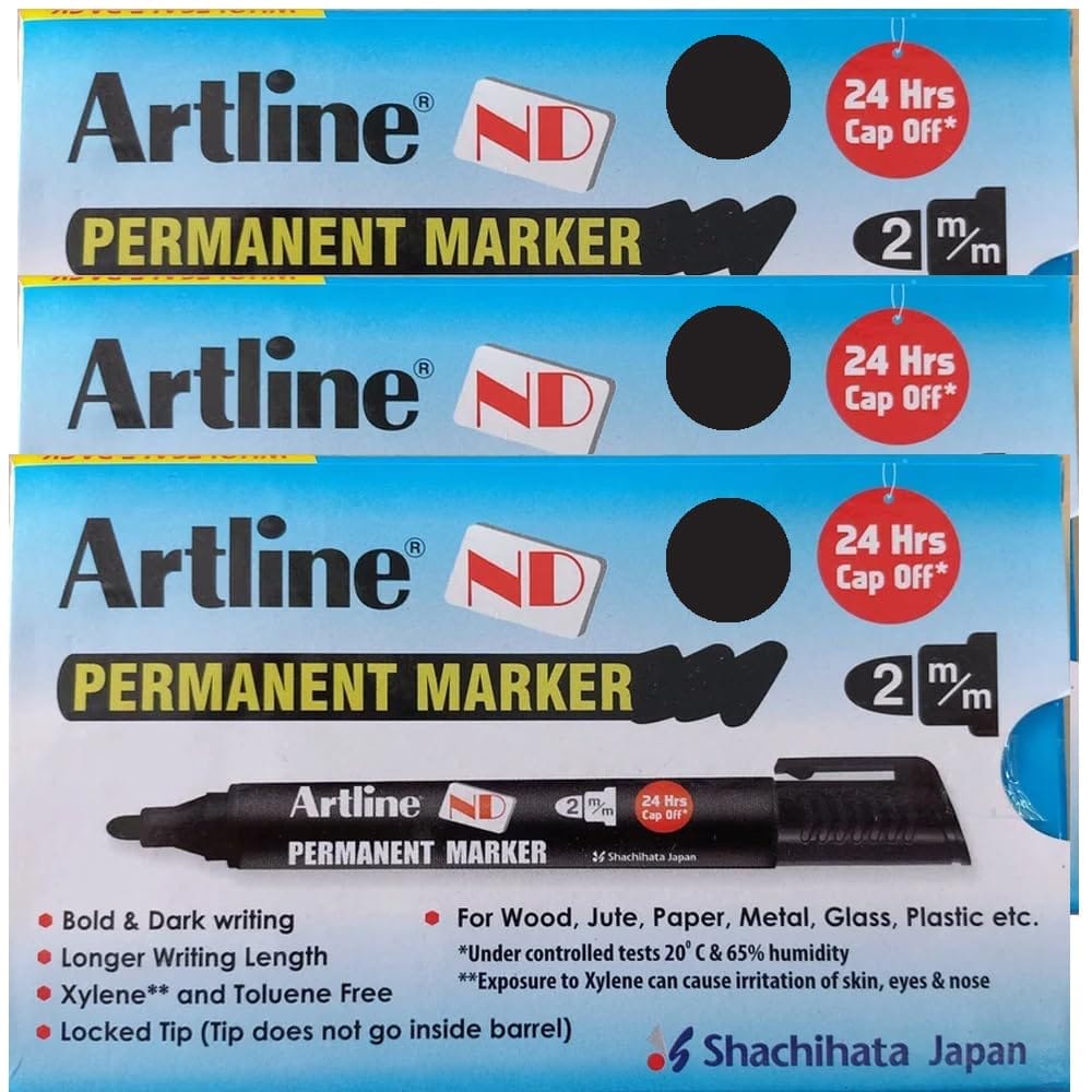 Artline ND Permanent Marker Pack of 10 (Black Colour) X 3 Packs | For Writing On Various Surfaces Such As Paper, Cardboard, Plastic, Metal, Glass, & More