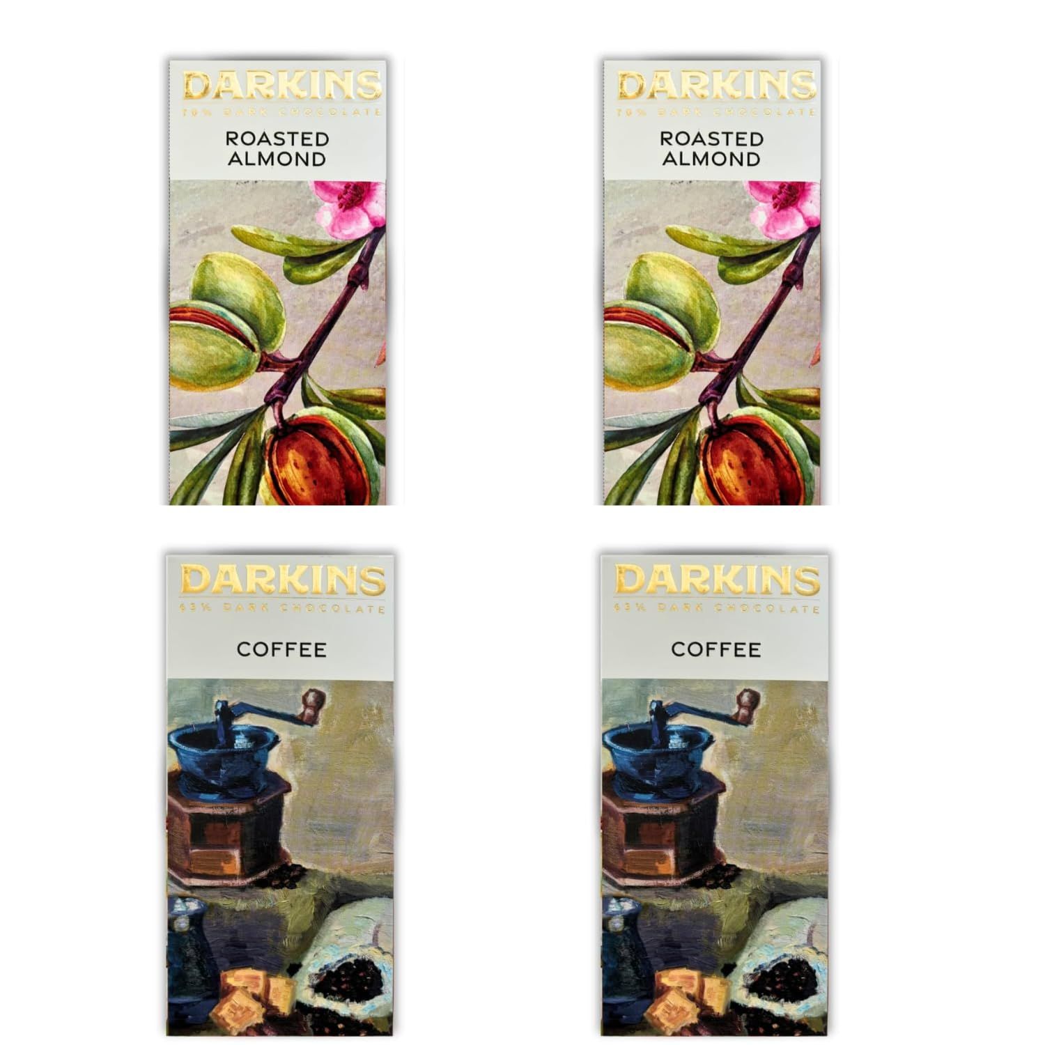 DARKINS Dark Chocolate | 70% Dark Chocolate With Roasted Almond | 65% Dark Chocolate With Coffee | Dark Chocolate Bar 4x50g | Gluten-free Chocolate | 50g Each Pack Of 4