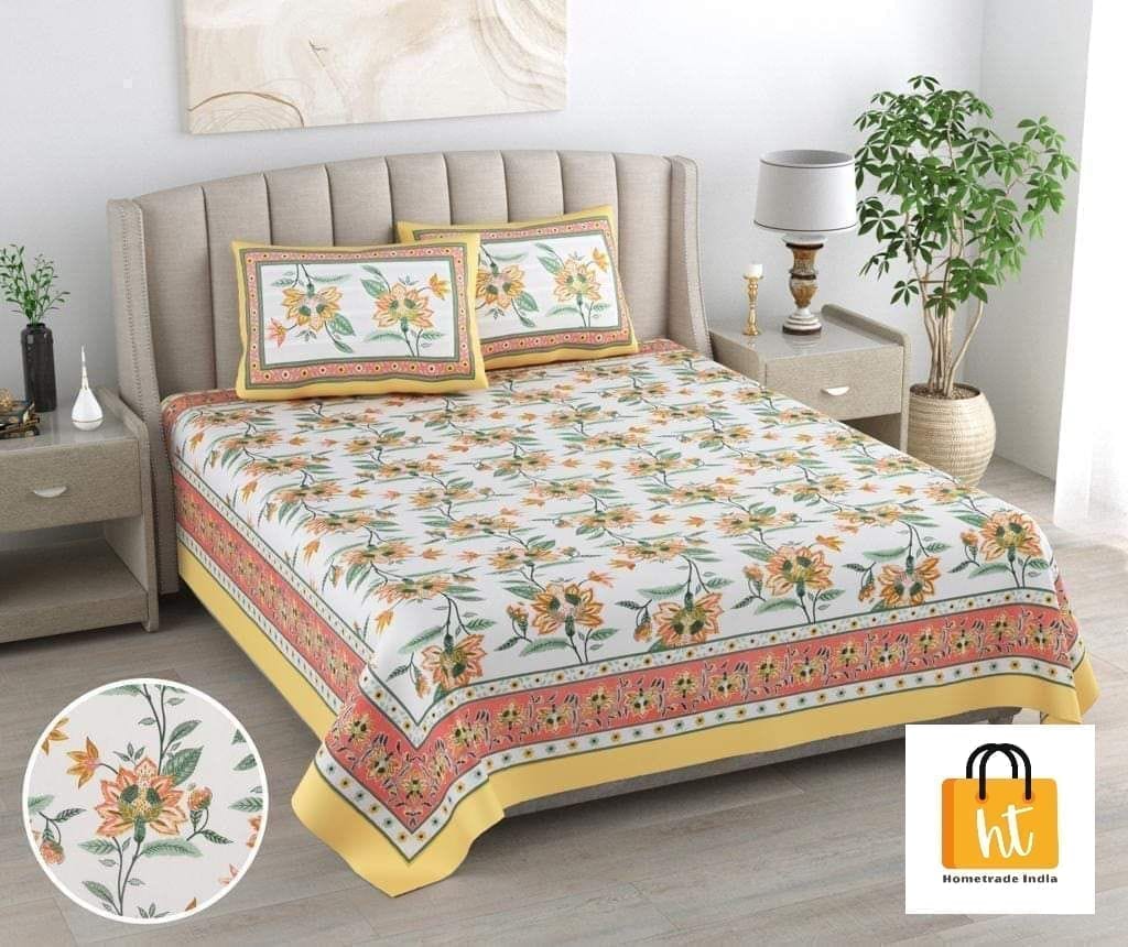 3001-Hometrade India-Standard King Size (90*108 Inches)-Pure Cotton Jaipuri Double Bedsheet With Matching Pillow Cover