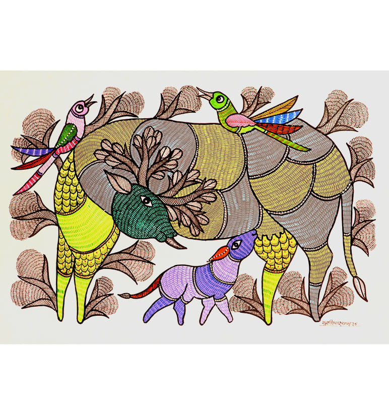Handcrafted Gond Deer Family Painting | Traditional Tribal Art