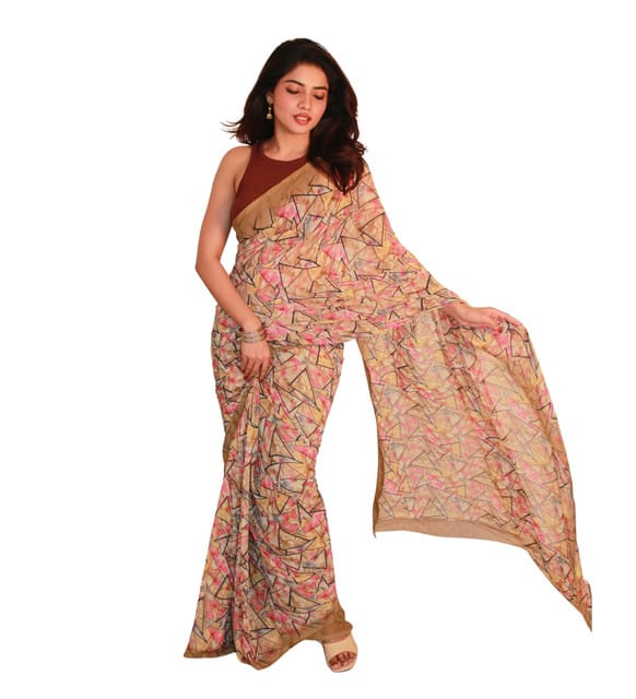 GENERIC Women's Georgette Printed Saree With Unstitched Blouse 5.5Mtr (Brown)-PID67518