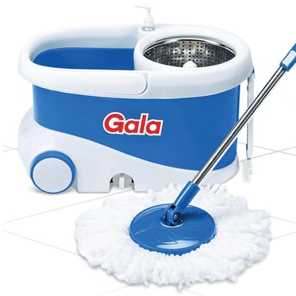 Gala Jet Spin Mop, Steel Winger & Big Wheels, 2 Microfiber Refills, Floor Cleaning Mop Stick with Bucket, pocha for Floor Cleaning, Mopping Set (White and Blue)