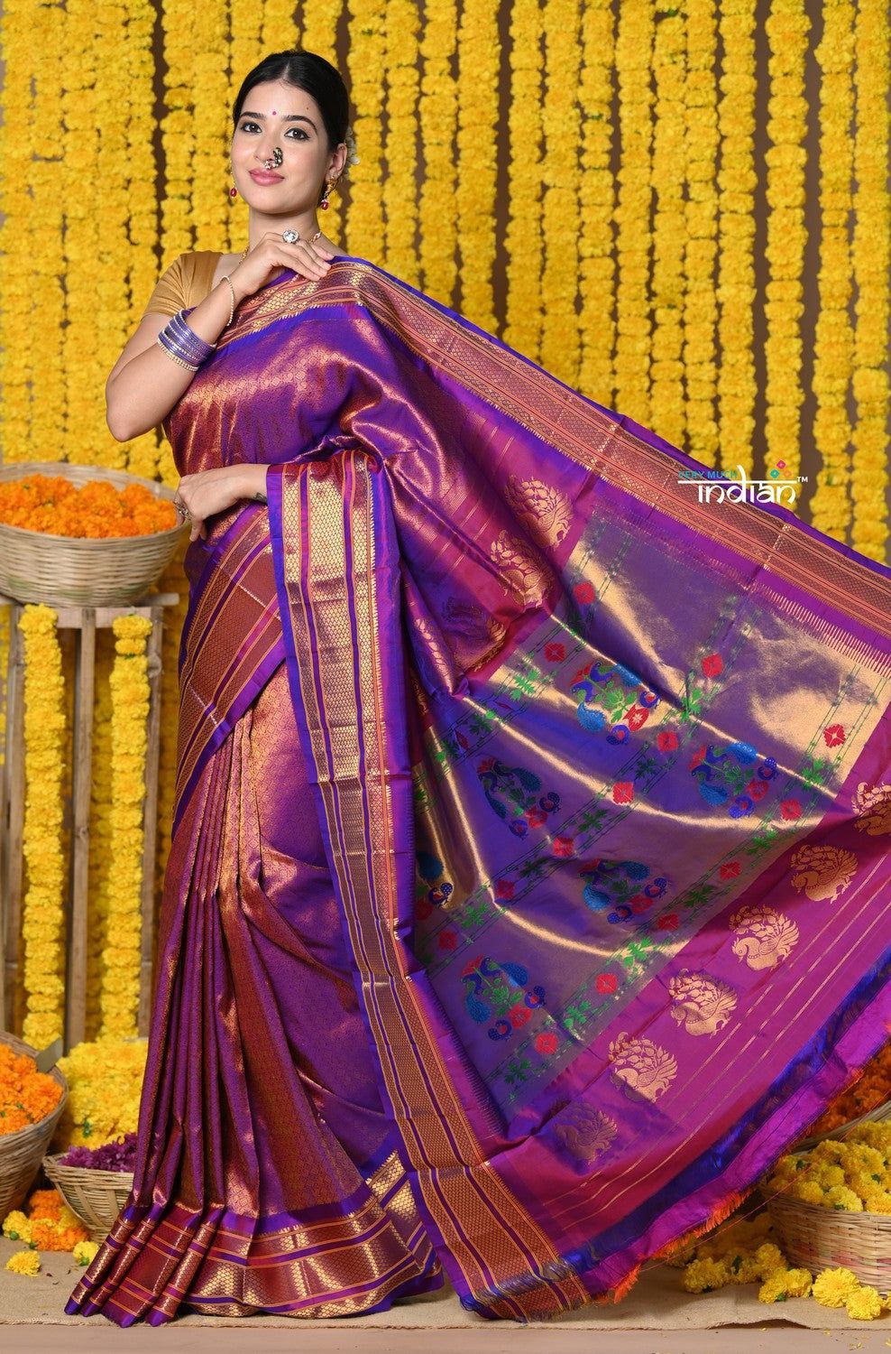 Rajsi~ Handloom Pure Silk Maharani Paithani With Overall Brocade ~ Dual Tone Purple Golden