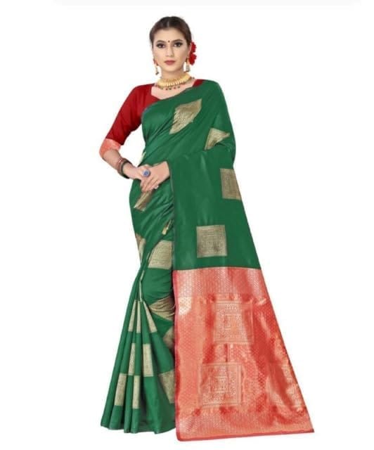Women's Soft Lichi Silk Printed Saree With Unstitched Blouse 5.5Mtr (Green)-PID63559