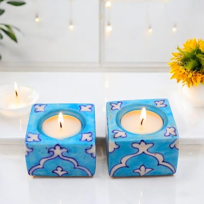 Set of 2 Blue Pottery Sky-Blue Color T-Light Candles